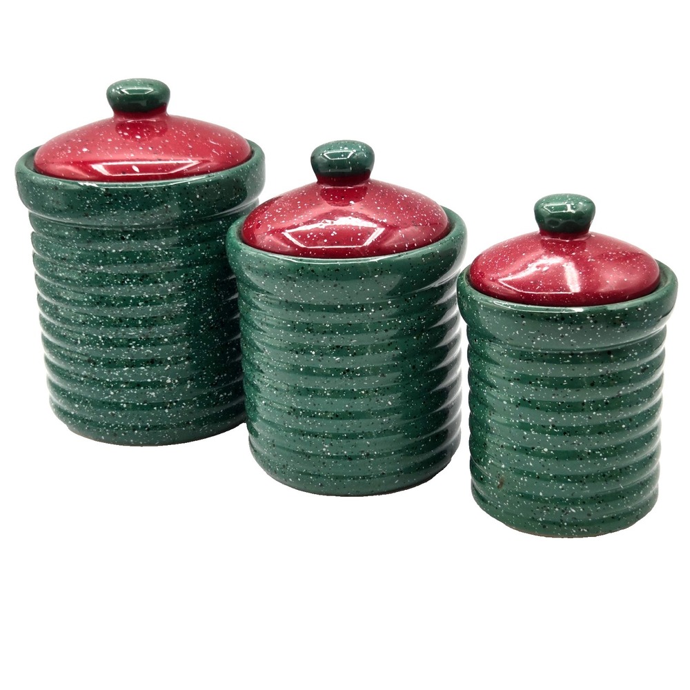 Green Speckled Canisters with‎ Red Lids Set of 3 Farmhouse Rustic Retro VINTAGE
